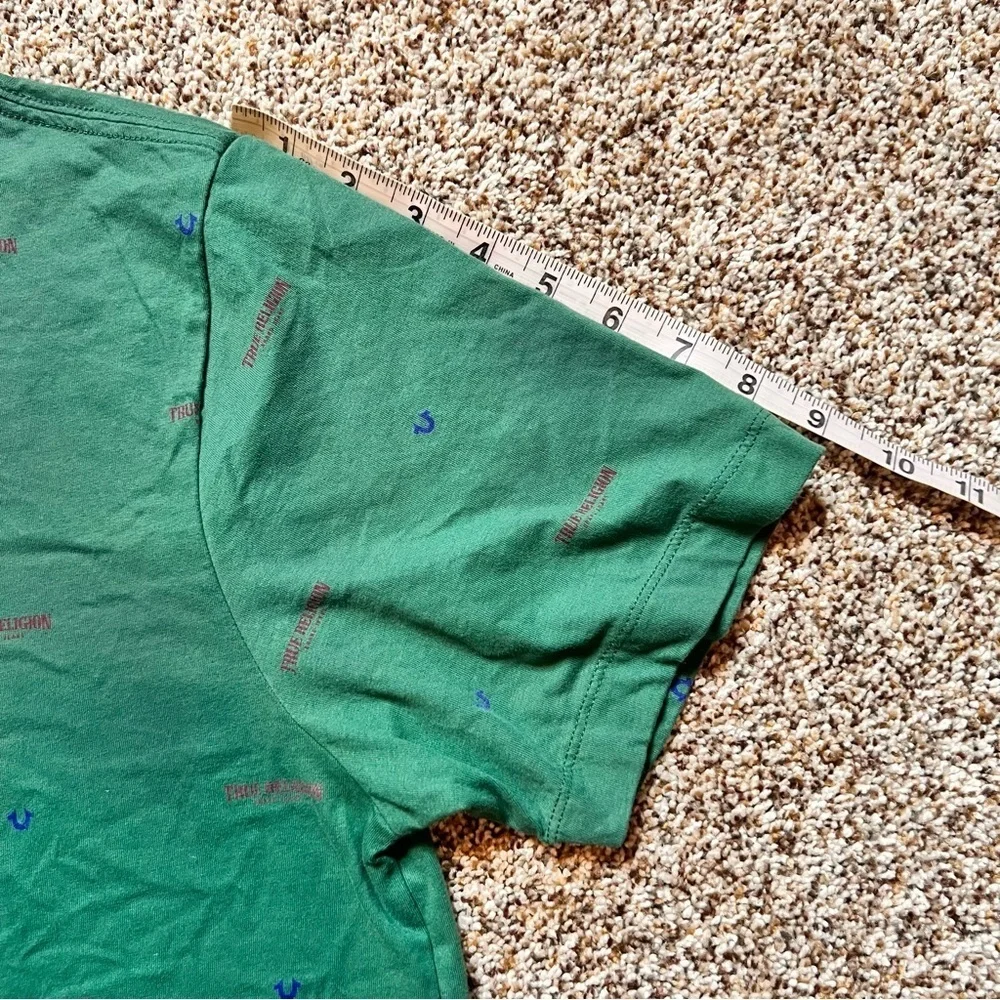 NWOT True Religion Allover Logo Print Youth Size Large Green Short Sleeve